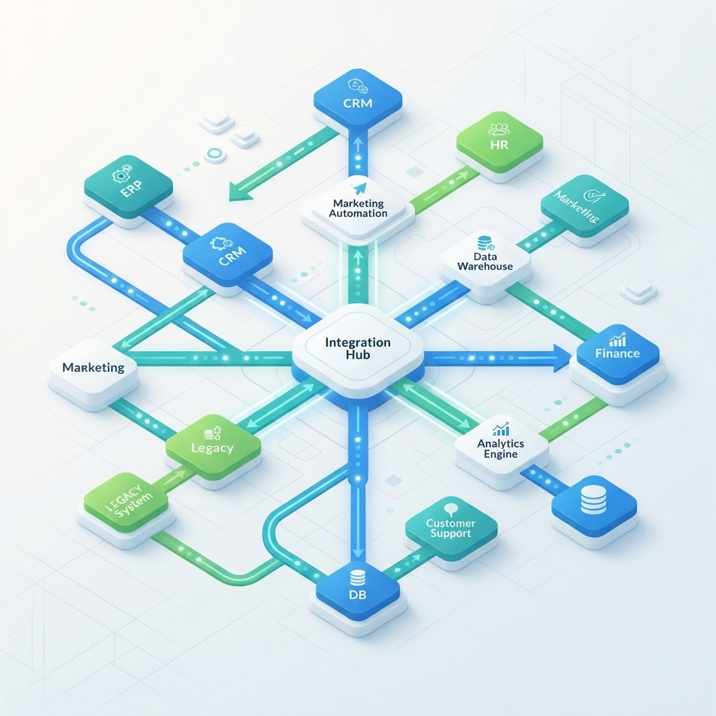 Diagram of connected business systems flowing into a single workflow