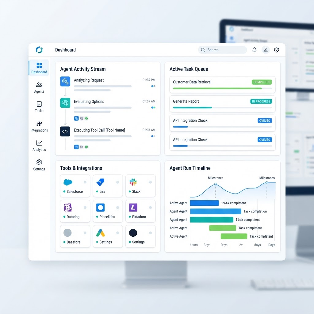 Agentic AI dashboard showing agent reasoning steps, tool calls, and a task queue