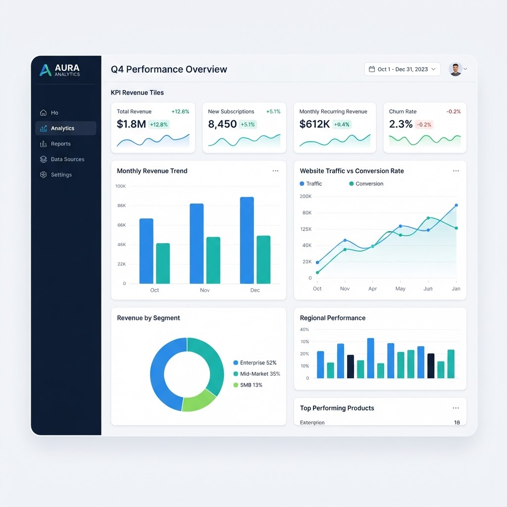 Business data analytics dashboard with KPI tiles and charts