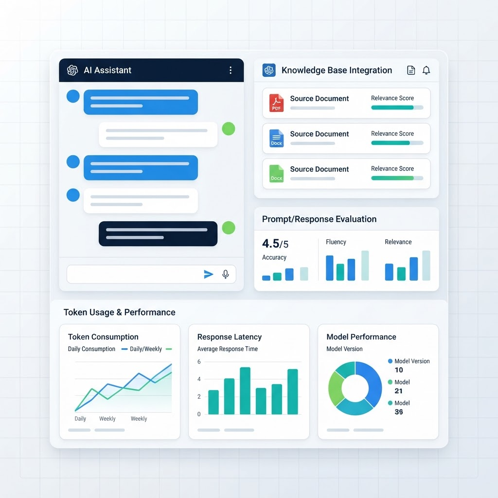 Generative AI dashboard with an assistant chat, a knowledge base, and token usage charts