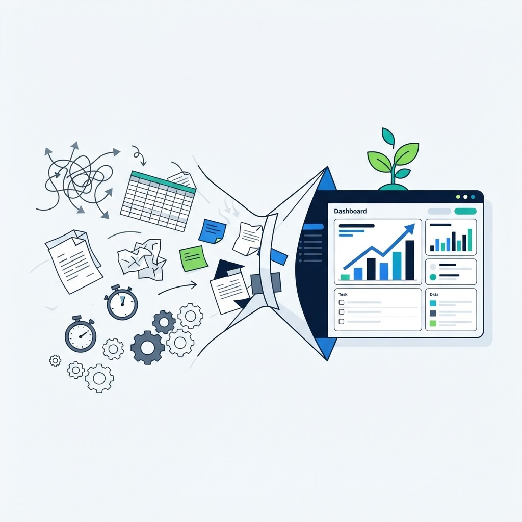 Illustration of scattered business context — spreadsheets, notes, and workflows — flowing into a clean, organised software interface with a growth chart